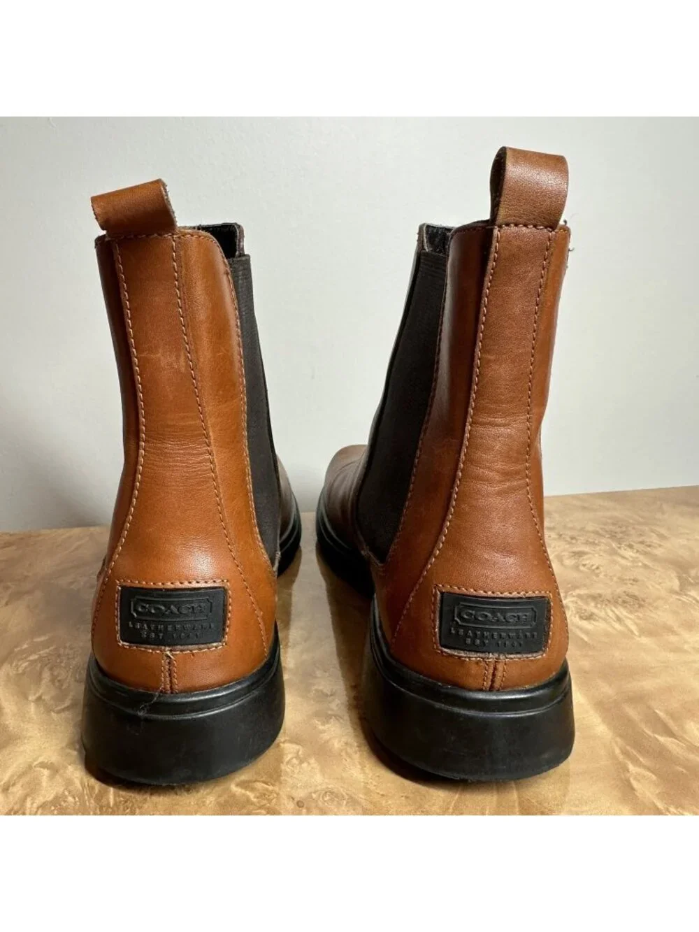Coach Men's Chelsea Boots Cognac Leather Pull On Ankle Boots Square Toe Size 6.5